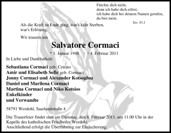 Traueranzeige von Salvatore Cormaci von Tageszeitung