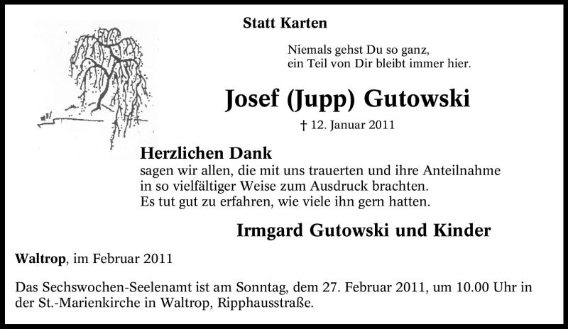  Traueranzeige für Josef Gutowski vom 12.02.2011 aus Tageszeitung