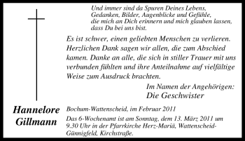 Traueranzeige von Hannelore Gillmann von Tageszeitung
