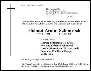 Traueranzeige von Helmut Armin Schönrock von Tageszeitung