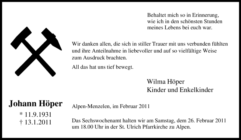  Traueranzeige für Johann Höper vom 16.02.2011 aus Tageszeitung