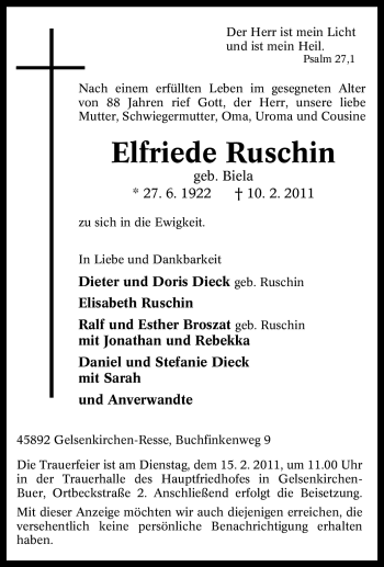 Traueranzeige von Elfriede Ruschin von Tageszeitung