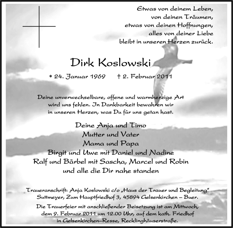 Traueranzeige für Dirk Koslowski vom 05.02.2011 aus Tageszeitung