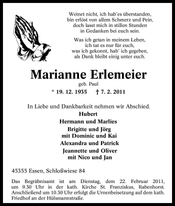 Traueranzeige von Marianne Erlemeier von Tageszeitung