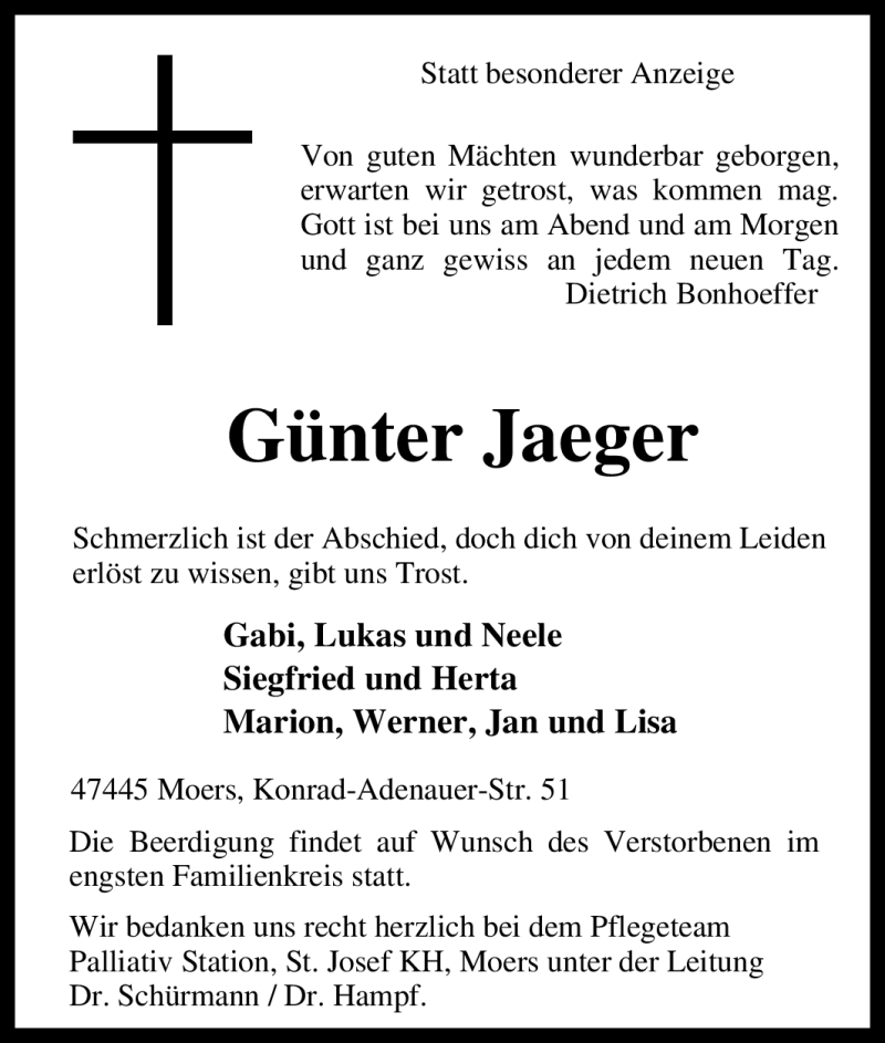  Traueranzeige für Günter Jaeger vom 19.02.2011 aus Tageszeitung