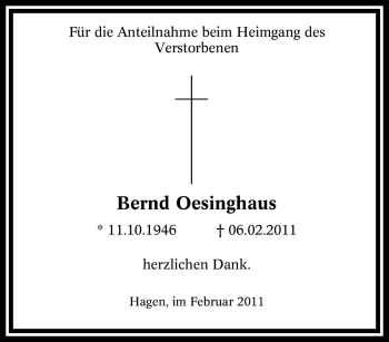 Traueranzeige von Bernd Oesinghaus von Tageszeitung