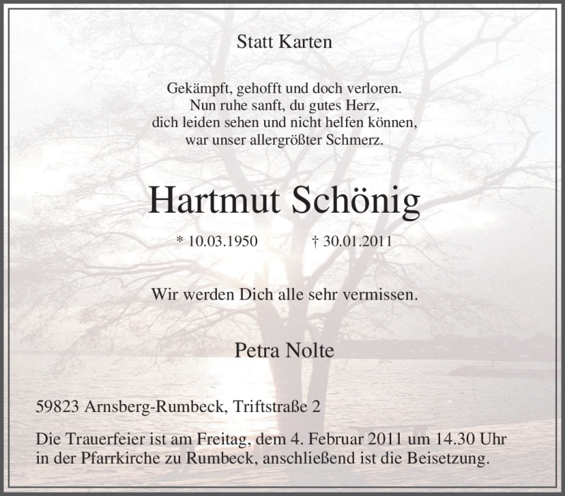  Traueranzeige für Hartmut Schönig vom 04.02.2011 aus Tageszeitung