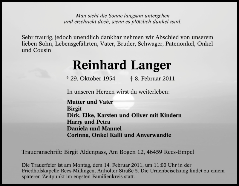  Traueranzeige für Reinhard Langer vom 10.02.2011 aus Tageszeitung