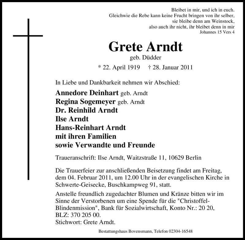  Traueranzeige für Grete Arndt vom 01.02.2011 aus Tageszeitung