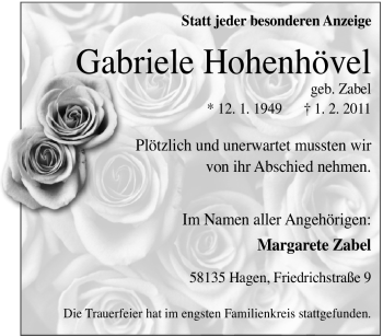 Traueranzeige von Gabriele Hohenhövel von Tageszeitung