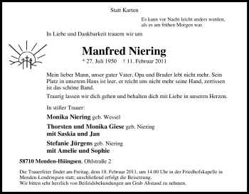 Traueranzeige von Manfred Niering von Tageszeitung