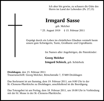 Traueranzeige von Irmgard Sasse von Tageszeitung