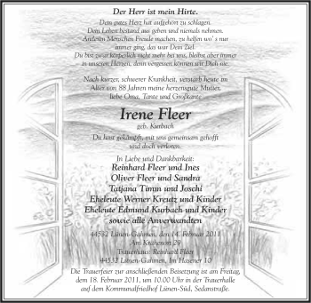 Traueranzeige von Irene Fleer von Tageszeitung