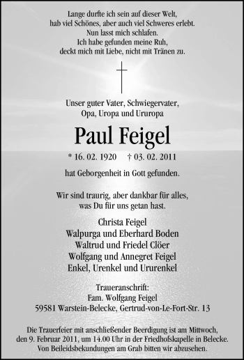 Traueranzeige von Paul Feigel von Tageszeitung
