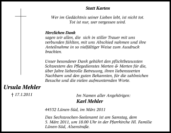 Traueranzeige von Ursula Mehler von Tageszeitung