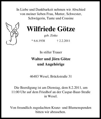 Traueranzeige von Wilfriede Götze von Tageszeitung