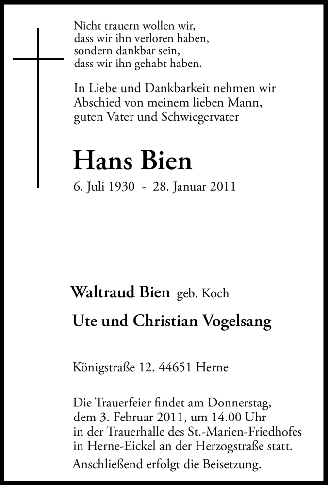  Traueranzeige für Hans Bien vom 01.02.2011 aus Tageszeitung