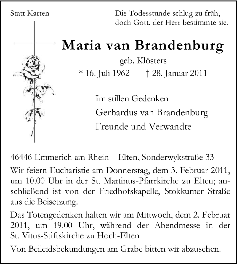  Traueranzeige für Maria van Brandenburg vom 01.02.2011 aus Tageszeitung