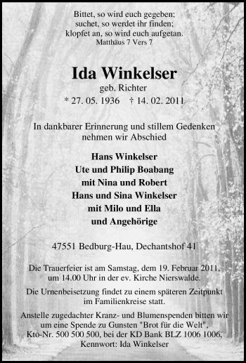 Traueranzeige von Ida Winkelser von Tageszeitung