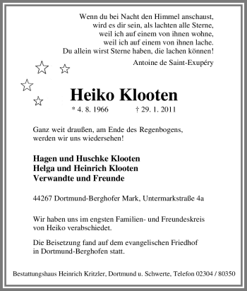 Traueranzeige von Heiko Klooten von Tageszeitung