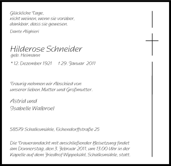 Traueranzeige von Hilderose Schneider von Tageszeitung