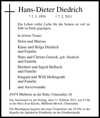 Traueranzeige von Hans-Dieter Diedrich von Tageszeitung