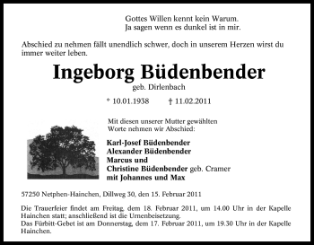 Traueranzeige von Ingeborg Büdenbender von Tageszeitung