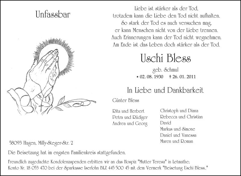  Traueranzeige für Uschi Bless vom 05.02.2011 aus Tageszeitung