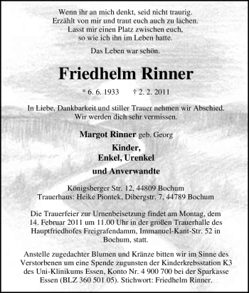 Traueranzeige von Friedhelm Rinner von Tageszeitung