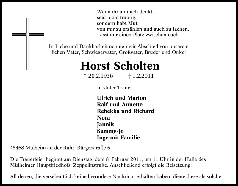  Traueranzeige für Horst Scholten vom 05.02.2011 aus Tageszeitung
