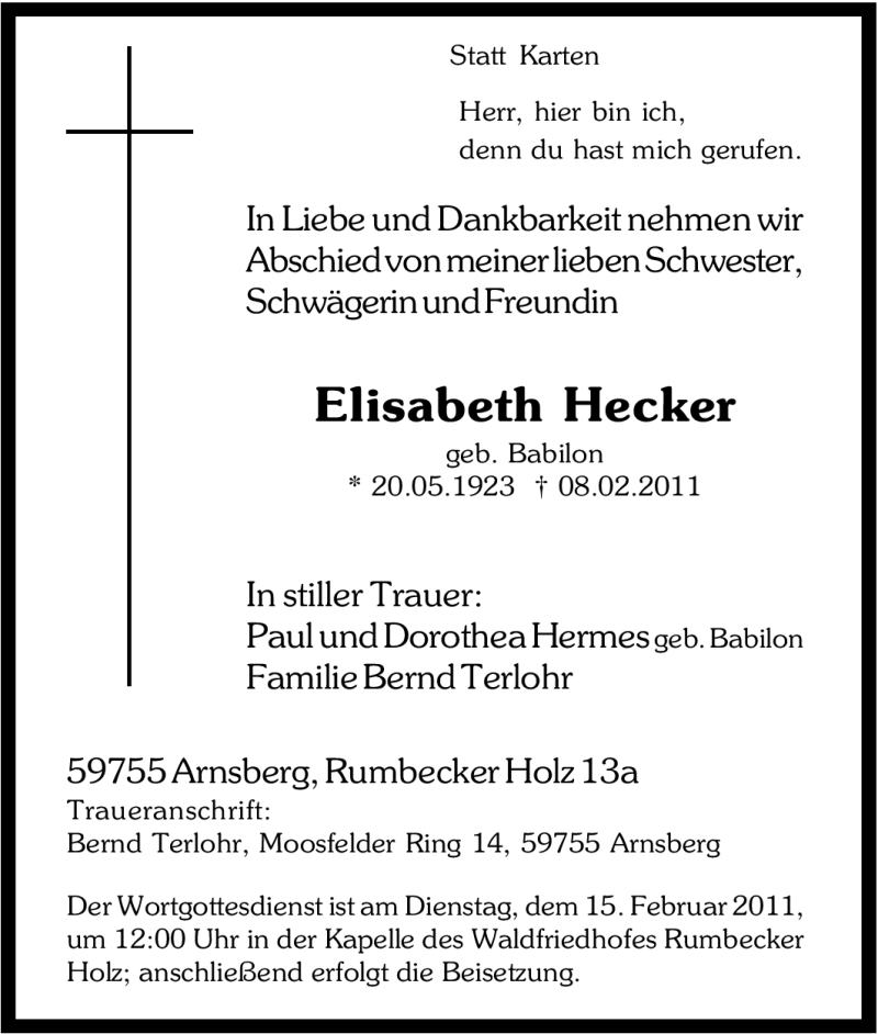  Traueranzeige für Elisabeth Hecker vom 10.02.2011 aus Tageszeitung