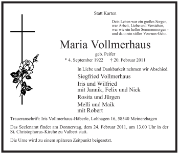 Traueranzeige von Maria Vollmerhaus von Tageszeitung