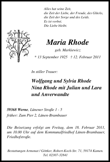 Traueranzeige von Maria Rhode von Tageszeitung