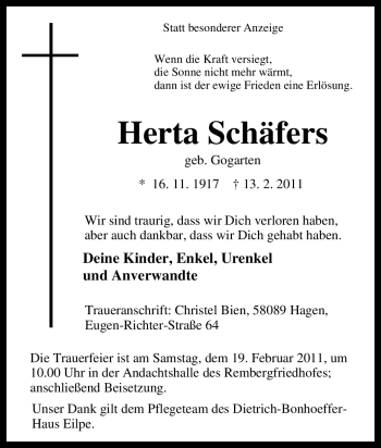 Traueranzeige von Herta Schäfers von Tageszeitung