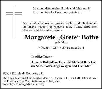 Traueranzeige von Margarete Bothe von Tageszeitung