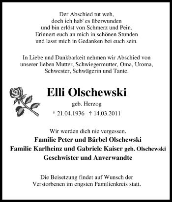 Traueranzeige von Elli Olschewski von Tageszeitung