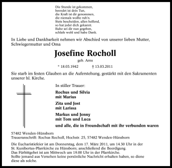 Traueranzeige von Josefine Rocholl von Tageszeitung