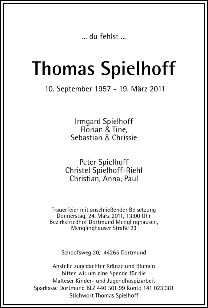  Traueranzeige für Thomas Spielhoff vom 22.03.2011 aus Tageszeitung