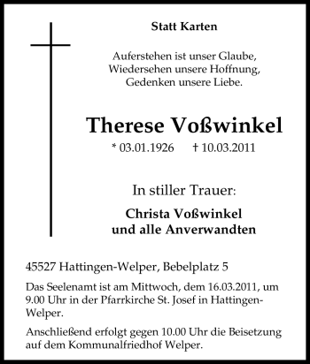 Traueranzeige von Therese Voßwinkel von Tageszeitung
