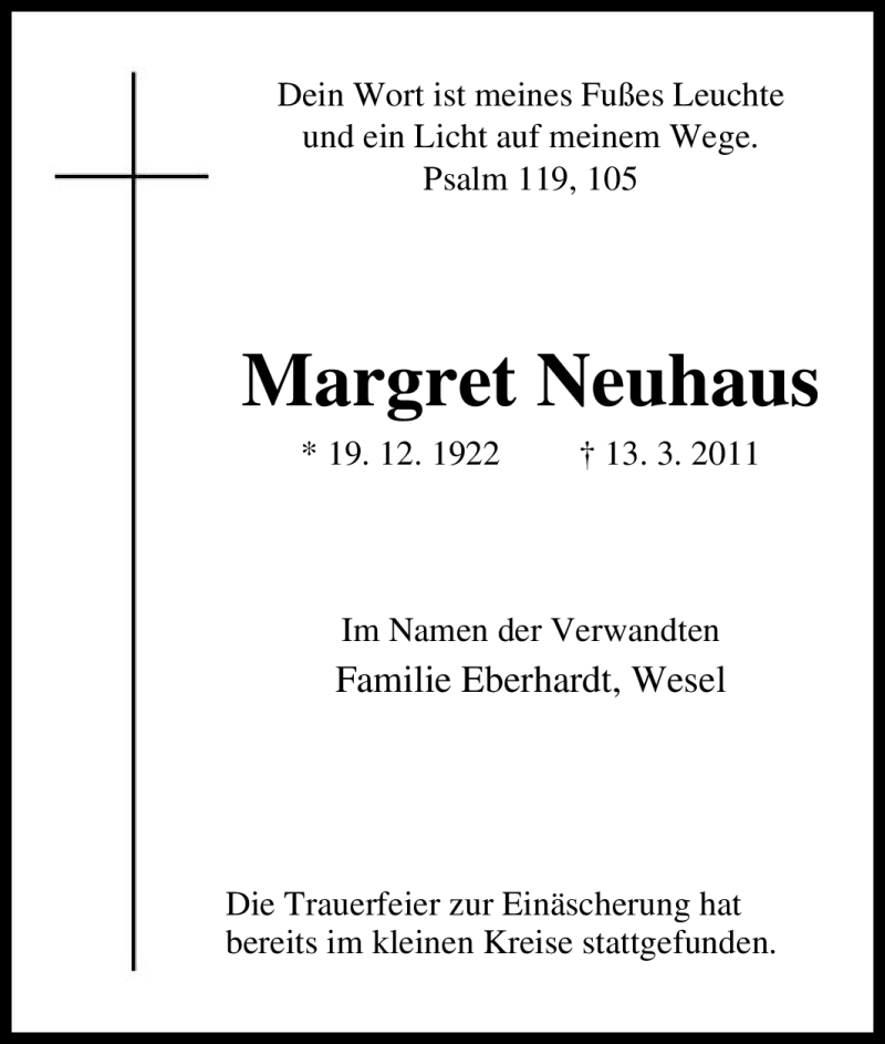  Traueranzeige für Margret Neuhaus vom 29.03.2011 aus Tageszeitung