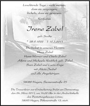 Traueranzeige von Irene Zabel von Tageszeitung
