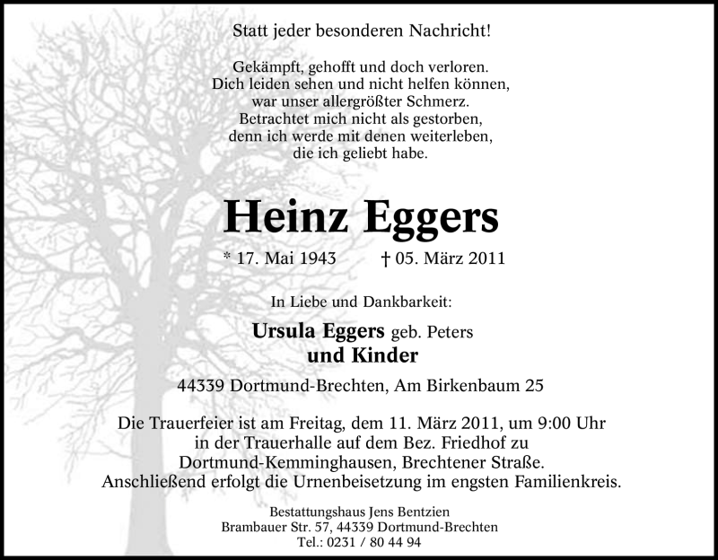  Traueranzeige für Heinz Eggers vom 08.03.2011 aus Tageszeitung