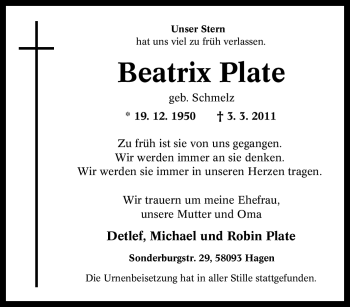 Traueranzeige von Beatrix Plate von Tageszeitung