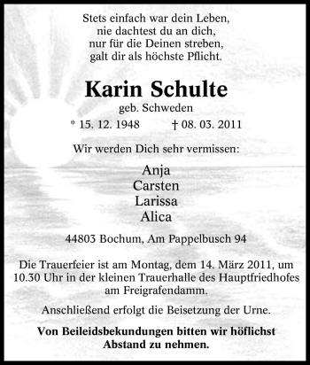 Traueranzeige von Karin Schulte von Tageszeitung