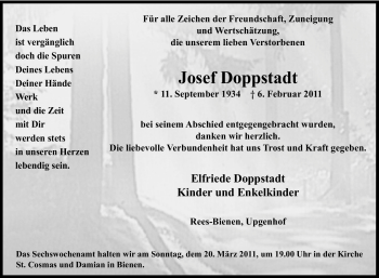 Traueranzeige von Josef Doppstadt von Tageszeitung