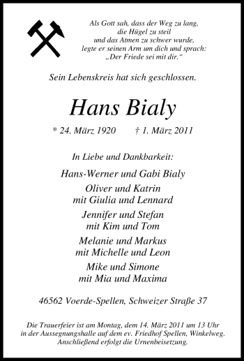 Traueranzeige von Hans Bialy von Tageszeitung
