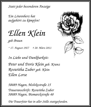 Traueranzeige von Ellen Klein von Tageszeitung