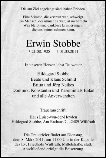Traueranzeige von Erwin Stobbe von Tageszeitung