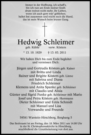 Traueranzeige von Hedwig Schleimer von Tageszeitung