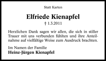 Traueranzeige von Elfriede Kienapfel von Tageszeitung